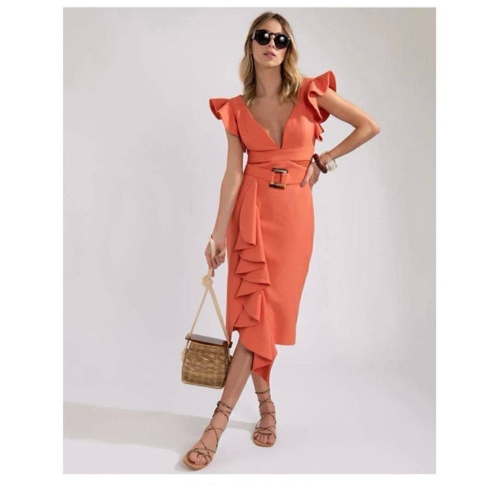 PatBO Belted Midi Dress Orange Sz 2 XS Ruffle Beach Wedding Guest Spring Summer